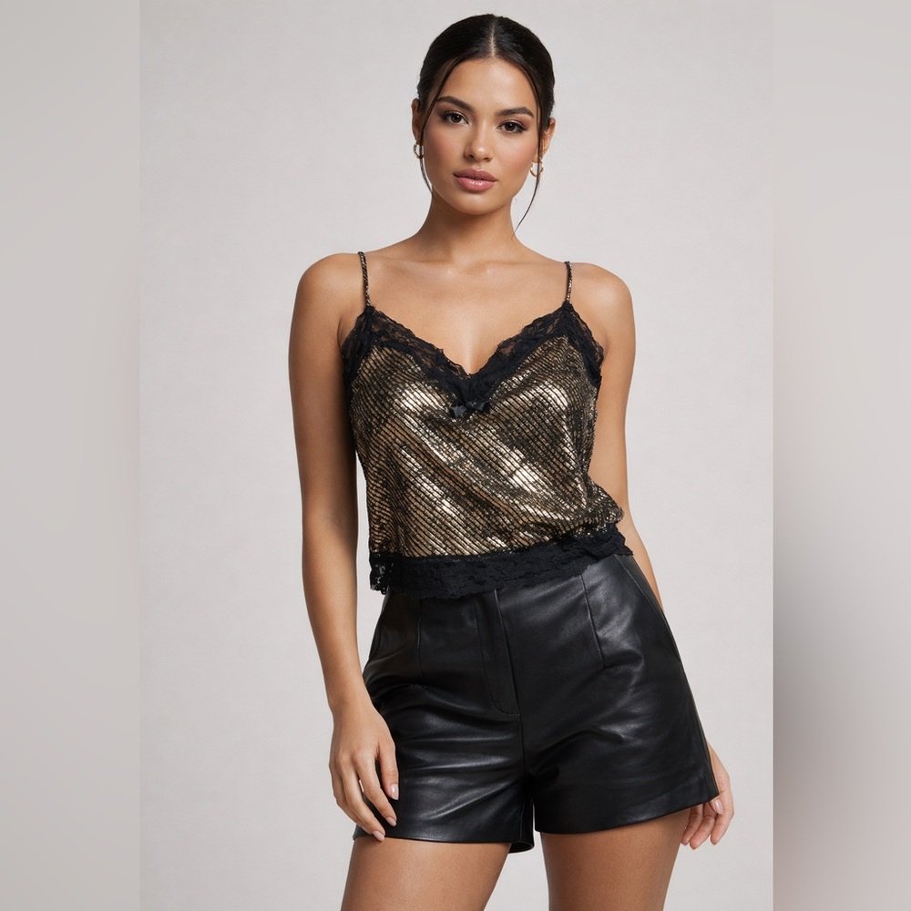 Shirley Of Hollywood Vintage Pajama Cami Top Gold Metallic Black Lace Sz M